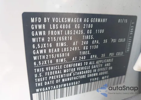 2015 Volkswagen Tiguan S z USA, uszkodzony, nr VIN WVGAV7AX0FW569507